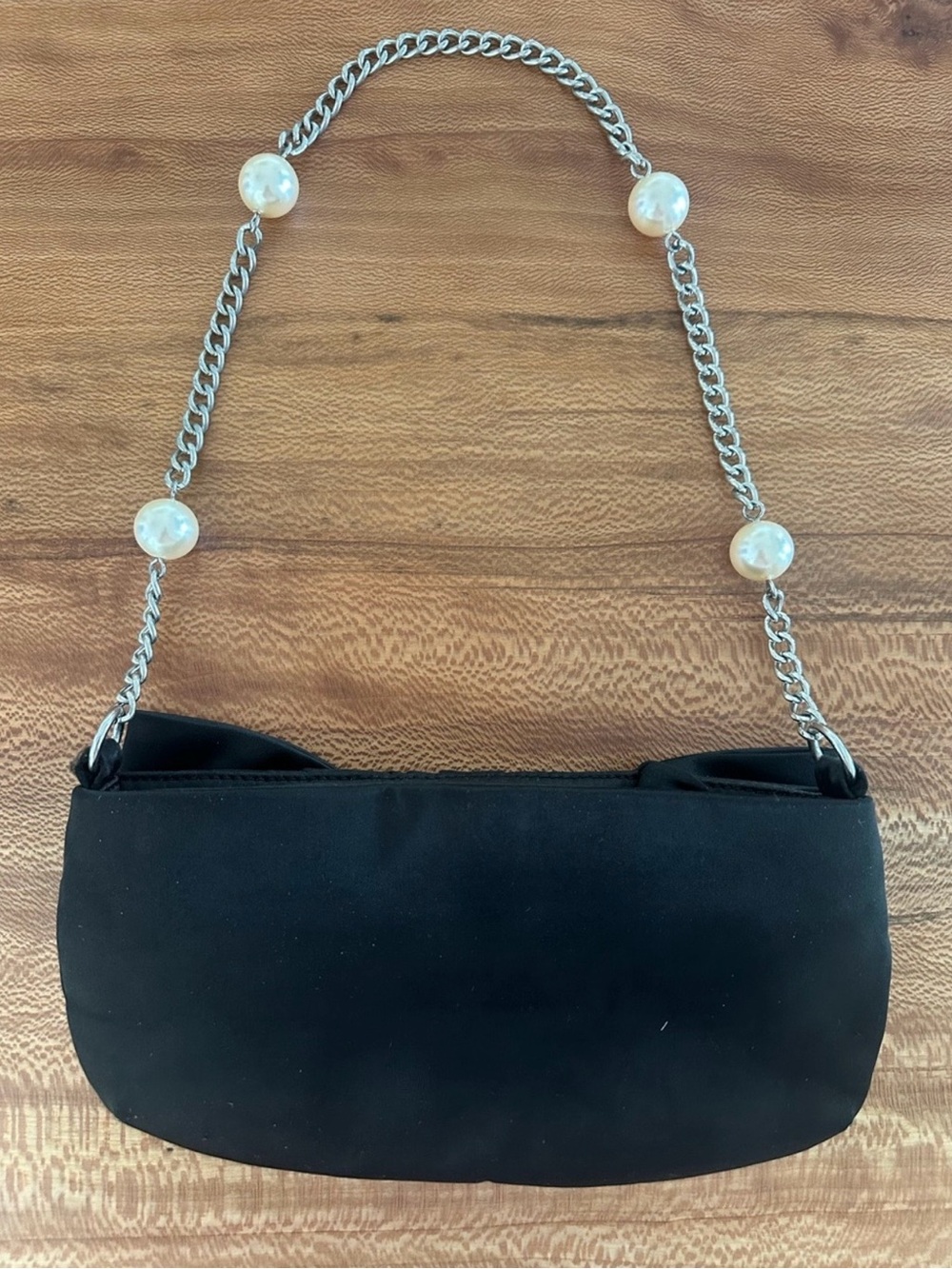 White House Black Market Black Bow-Front Evening Shoulder Bag with Pearl Chain - Picture 2 of 12